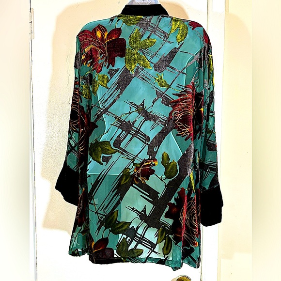 Kimono Jacket With  Black Velvet Trim Sheer Fabric With Velvet Design. 1 Size - Picture 5 of 13